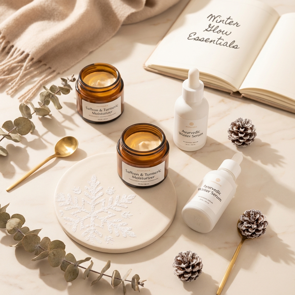 Winter skincare products arranged elegantly